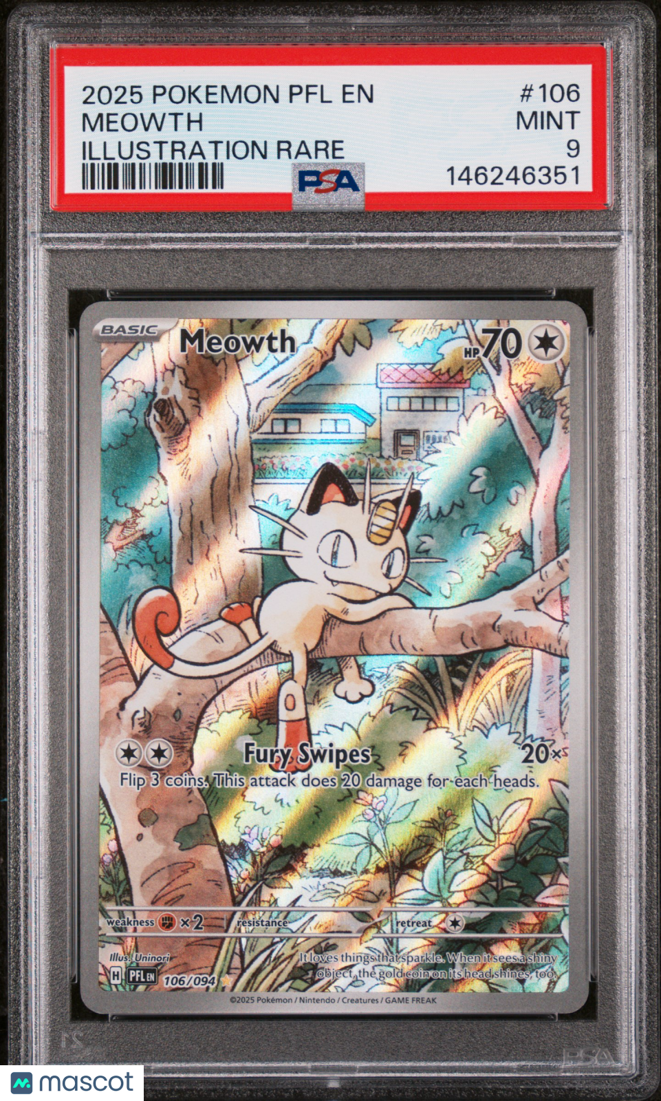 2025 Pokemon—Meowth #106 Phantasmal Flames—Illustration Rare Foil PSA 9