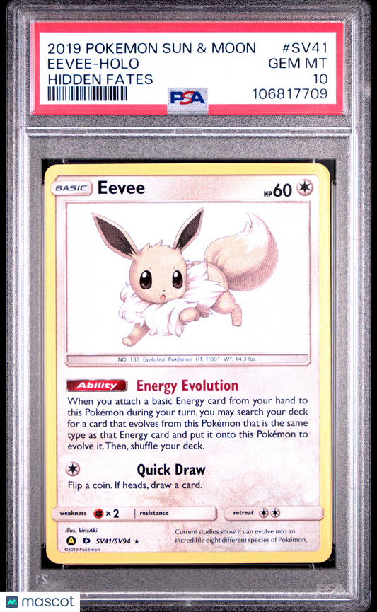 Pokemon TCG Eevee 2019 Pokemon Sun & Moon Hidden Fates PSA 10