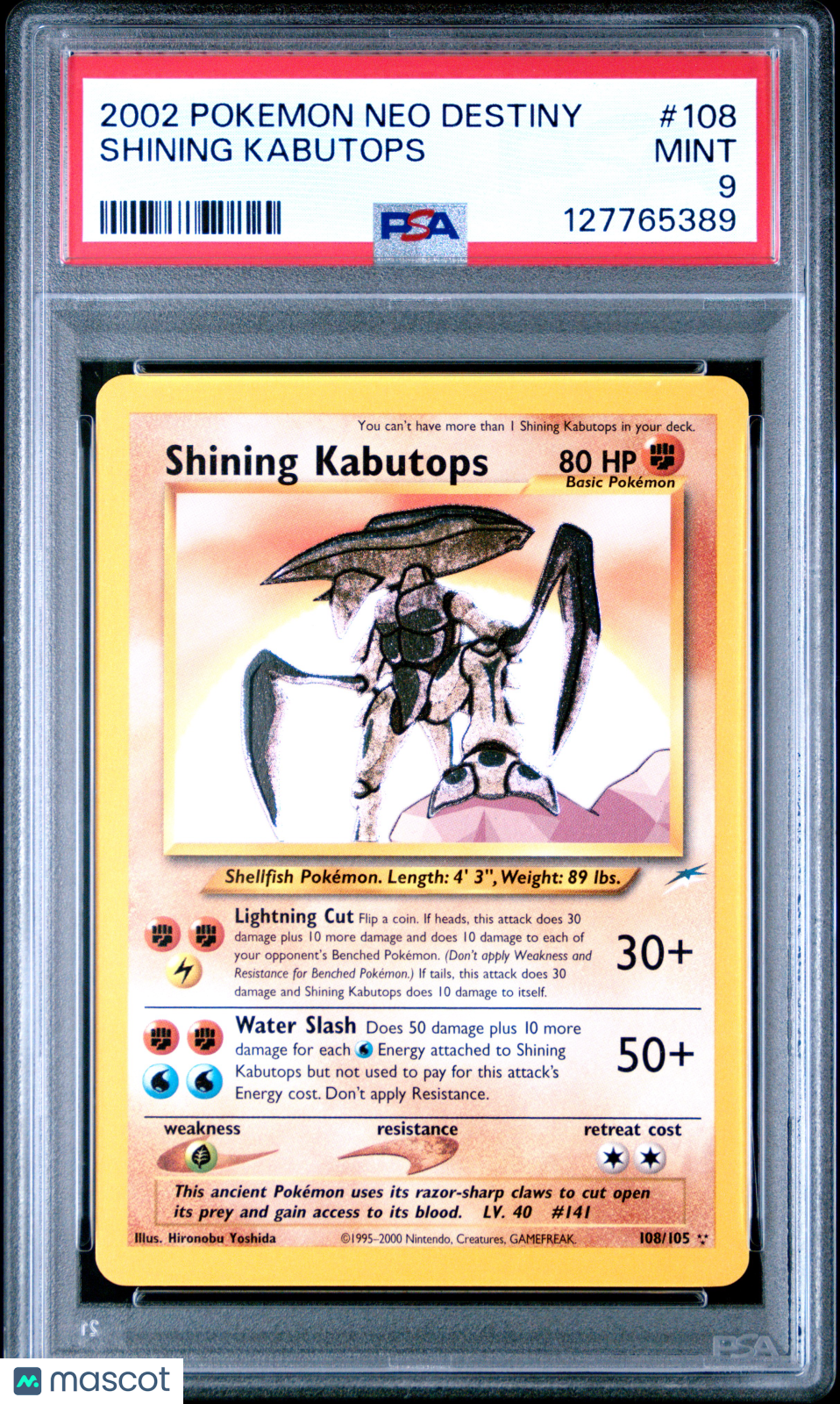 2002 Pokemon—Shining Kabutops #108/105 Neo Destiny—Secret Rare Holo PSA 9