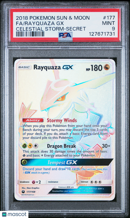 2018 Pokemon—Rayquaza GX #177 Celestial Storm—Secret PSA 9