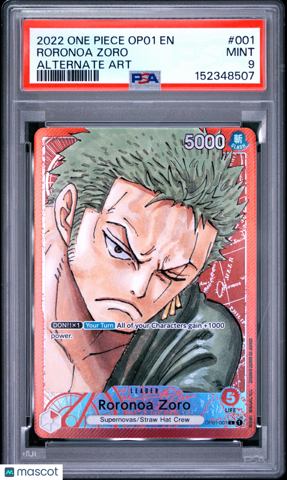 2022 One Piece CCG—Roronoa Zoro #001 Romance Dawn—Leader Foil PSA 9
