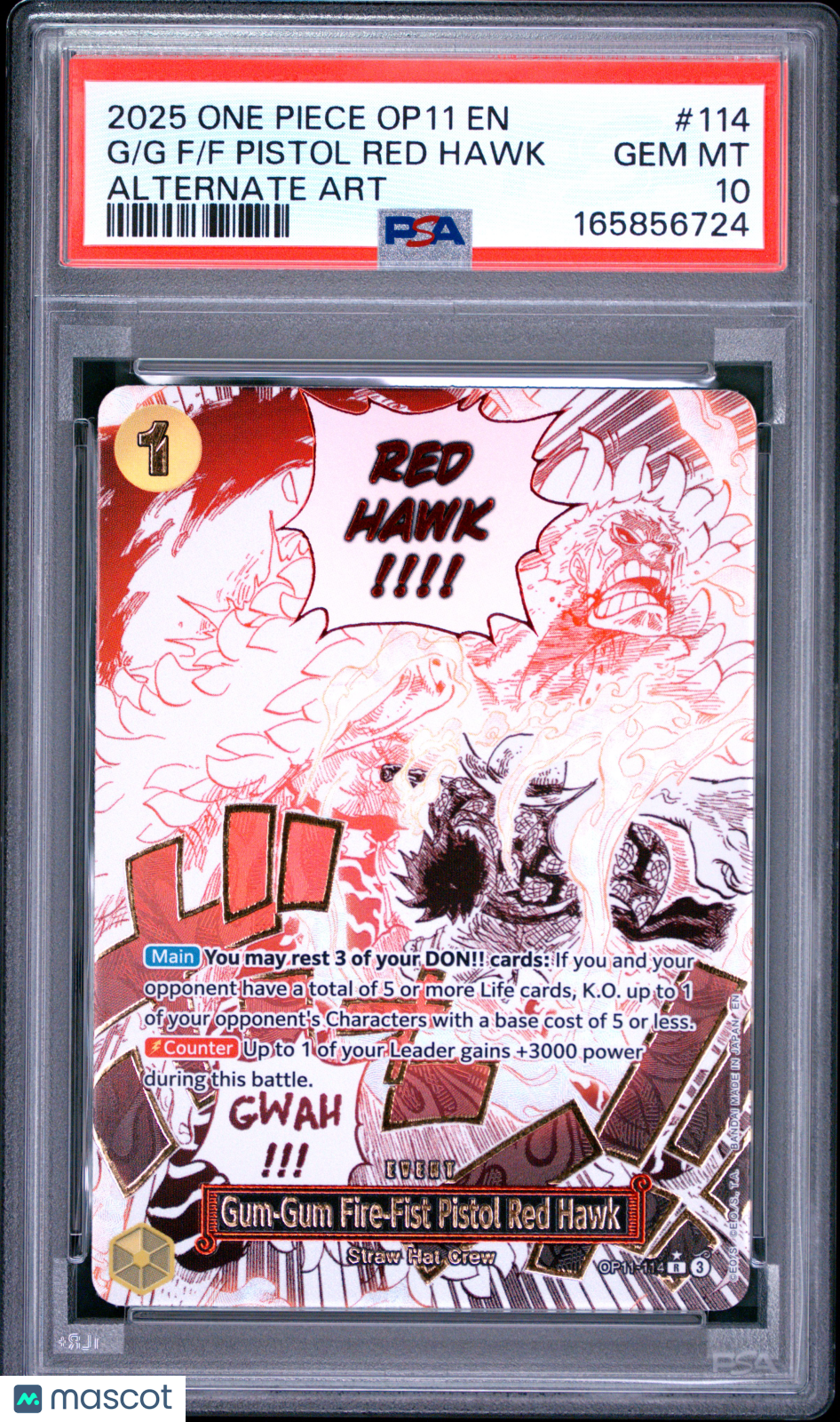 2025 One Piece CCG—G-G F-Fist Pistol Red Hawk (Alt. Art) #114 OP11—R Foil PSA 10