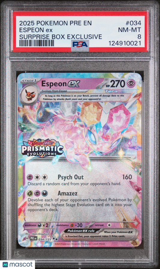 2025 Pokemon Espeon EX Prismatic Evolutions #034 Surprise Box Exclusive PSA 8