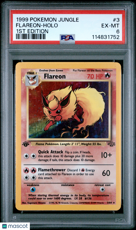 1999 Pokemon Flareon Jungle #3 Holo 1ST Edition PSA 6