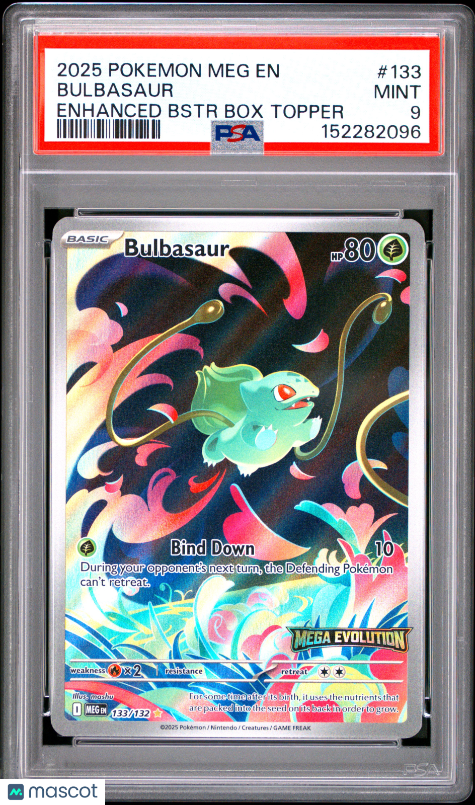 2025 Pokemon—Bulbasaur (Mega Evolution Stamped) #133/132 MCAP—IR Holo PSA 9