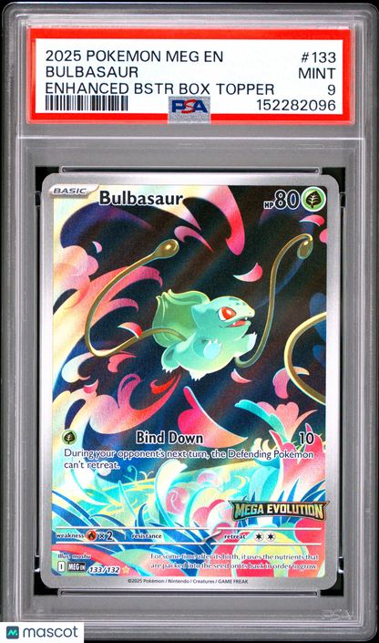 2025 Pokemon—Bulbasaur (Mega Evolution Stamped) #133/132 MCAP—IR Holo PSA 9