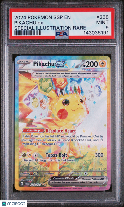2024 Pokemon—Pikachu EX #238 Surging Sparks—Special Illustration Rare Holo PSA 9