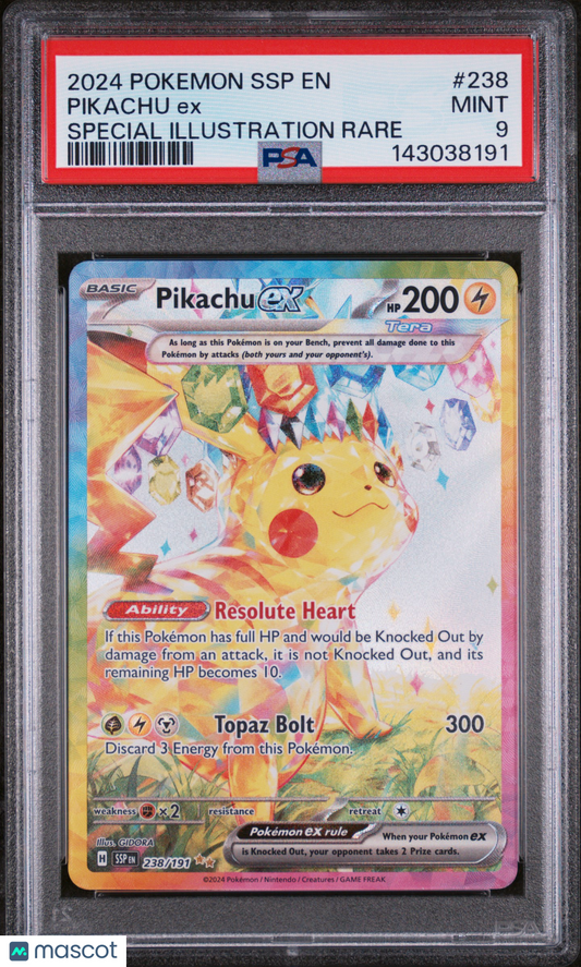2024 Pokemon—Pikachu EX #238 Surging Sparks—Special Illustration Rare Holo PSA 9