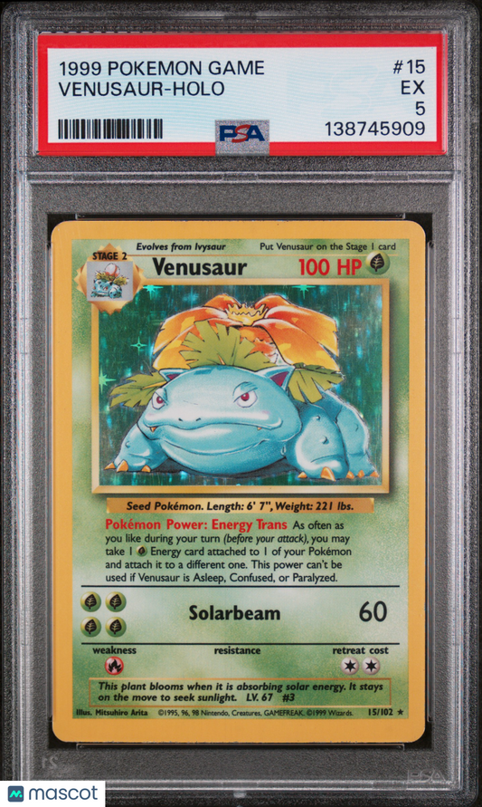 1999 Pokemon—Venusaur #15 Base Set—Rare Holo PSA 5