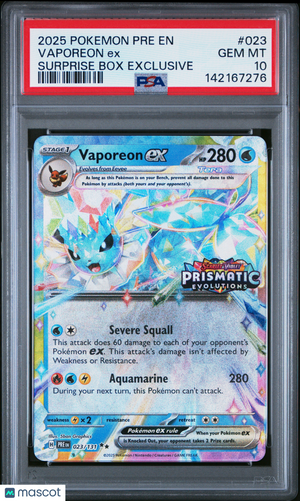2025 Pokemon—Vaporeon ex (Prismatic Evolutions Stamp) #23 MCAP—Promo Holo PSA 10