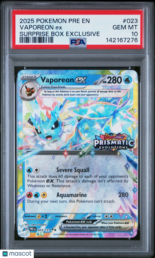 2025 Pokemon—Vaporeon ex (Prismatic Evolutions Stamp) #23 MCAP—Promo Holo PSA 10