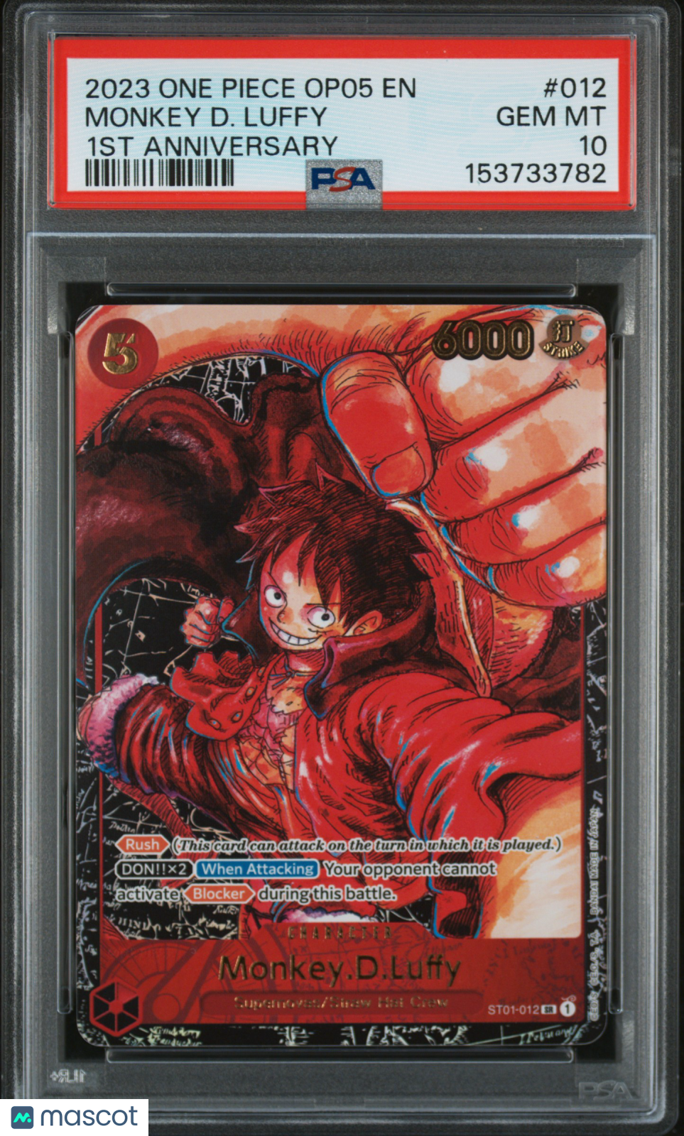 2023 One Piece CCG—Monkey D. Luffy (Alternate Art) #012 OP05—SR Foil PSA 10