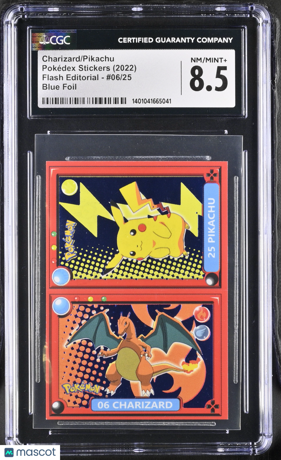 2022 Flash Editorial Pok^dex Stickers Other Pokémon Cards Charizard/Pikachu Blue Foil #6/25 CGC 8.5