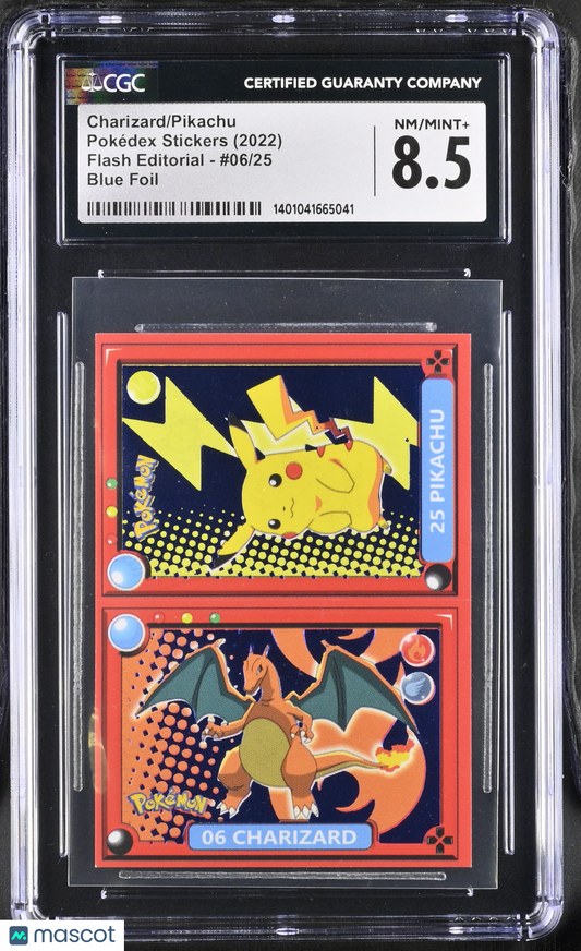 2022 Flash Editorial Pok^dex Stickers Other Pokémon Cards Charizard/Pikachu Blue Foil #6/25 CGC 8.5