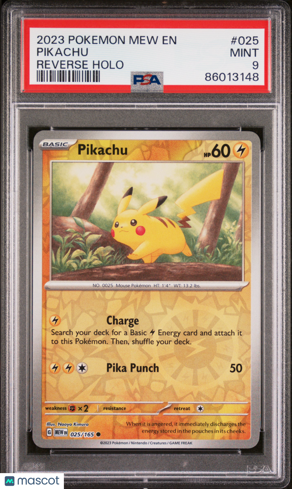 2023 Pokemon—Pikachu #025 Scarlet & Violet 151—Common Reverse Holo PSA 9