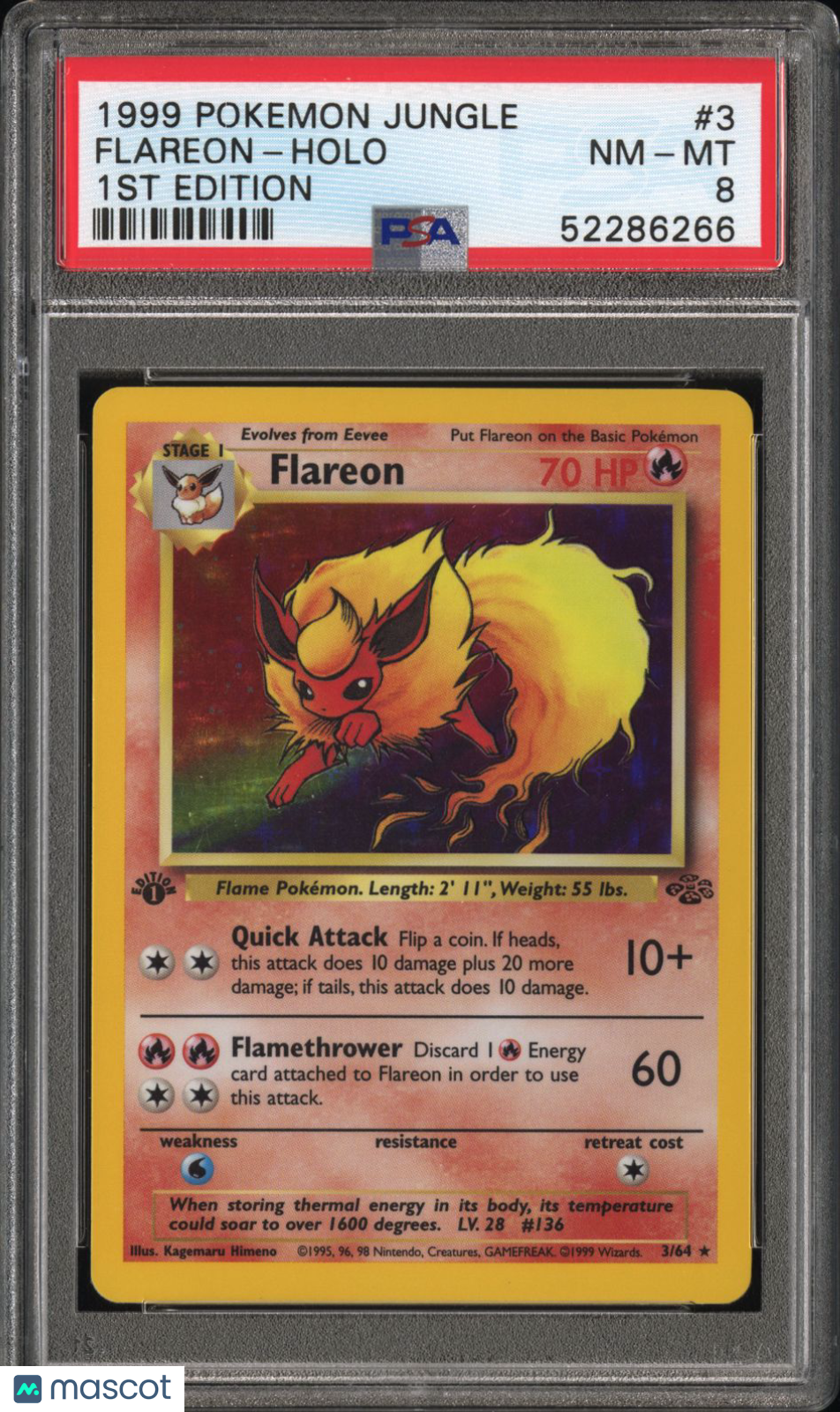 1999 Pokemon—Flareon #03/64 Jungle—Holo Rare Holo 1st Edition PSA 8