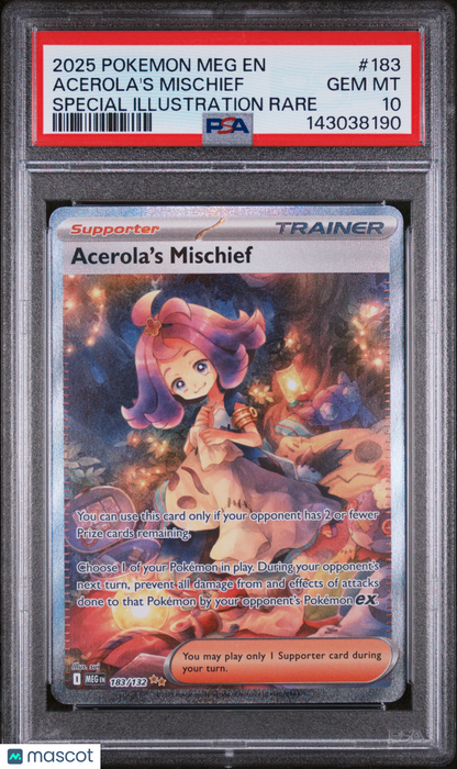 2025 Pokemon—Acerola's Mischief #183 Mega Evolution—SIR Holo PSA 10