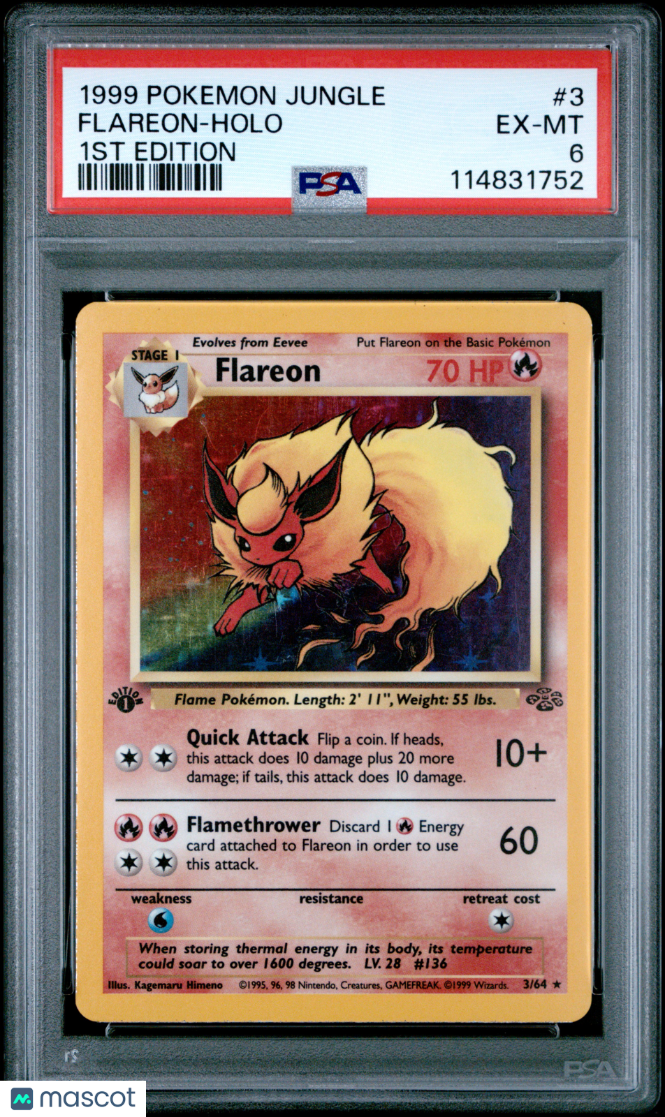 1999 Pokemon—Flareon #3 Jungle— Holo Holo 1ST Edition PSA 6