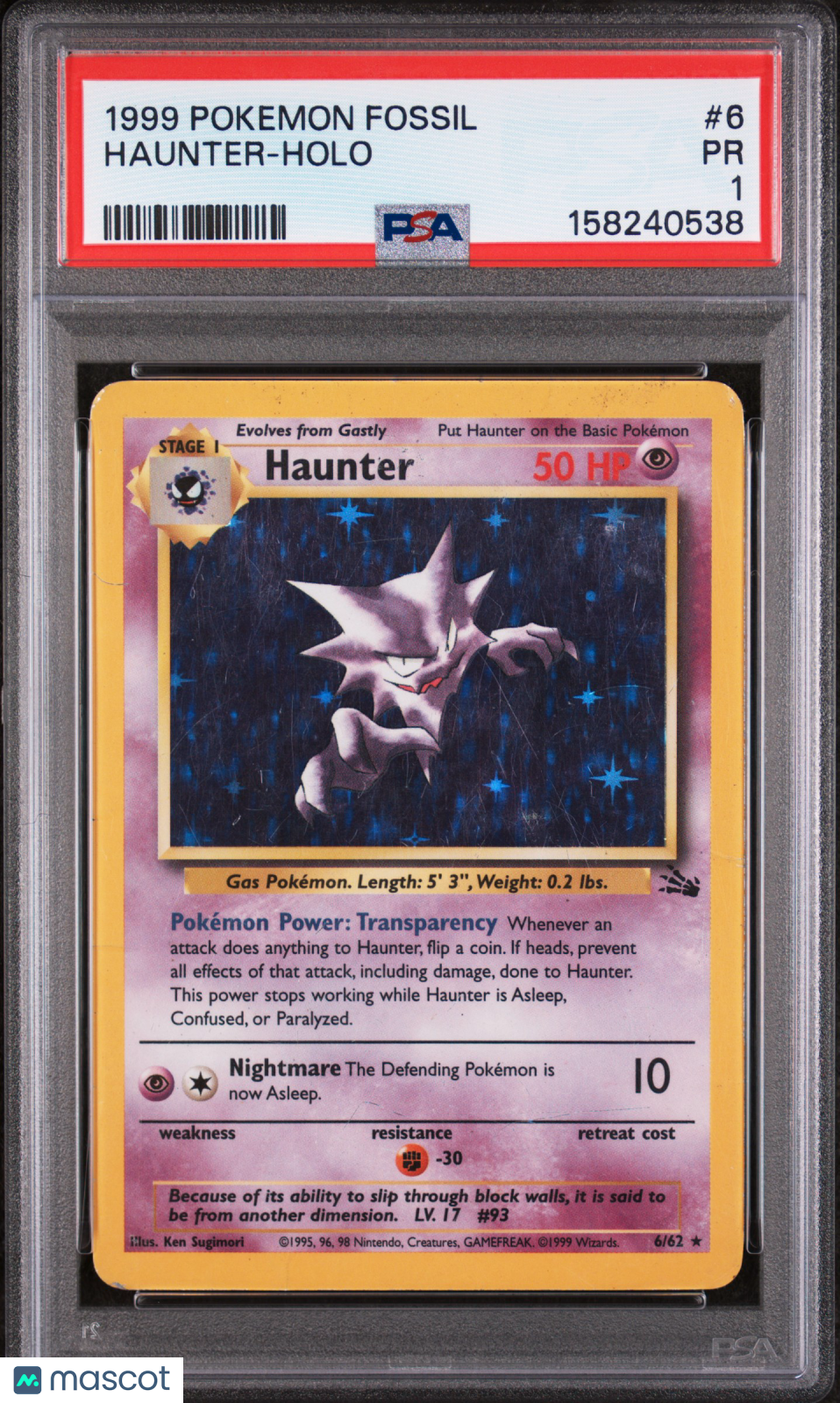 1999 Pokemon Fossil—Haunter #6/62 Fossil—Holo Rare PSA 1