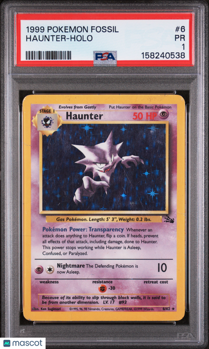 1999 Pokemon Fossil—Haunter #6/62 Fossil—Holo Rare PSA 1