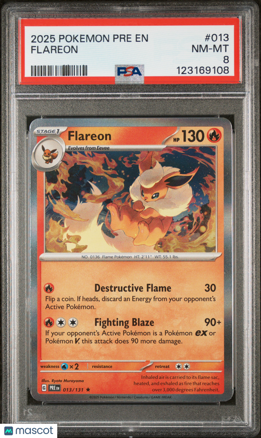 Flareon 2025 Pokemon Pre EN-Prismatic Evolutions #013 PSA 8