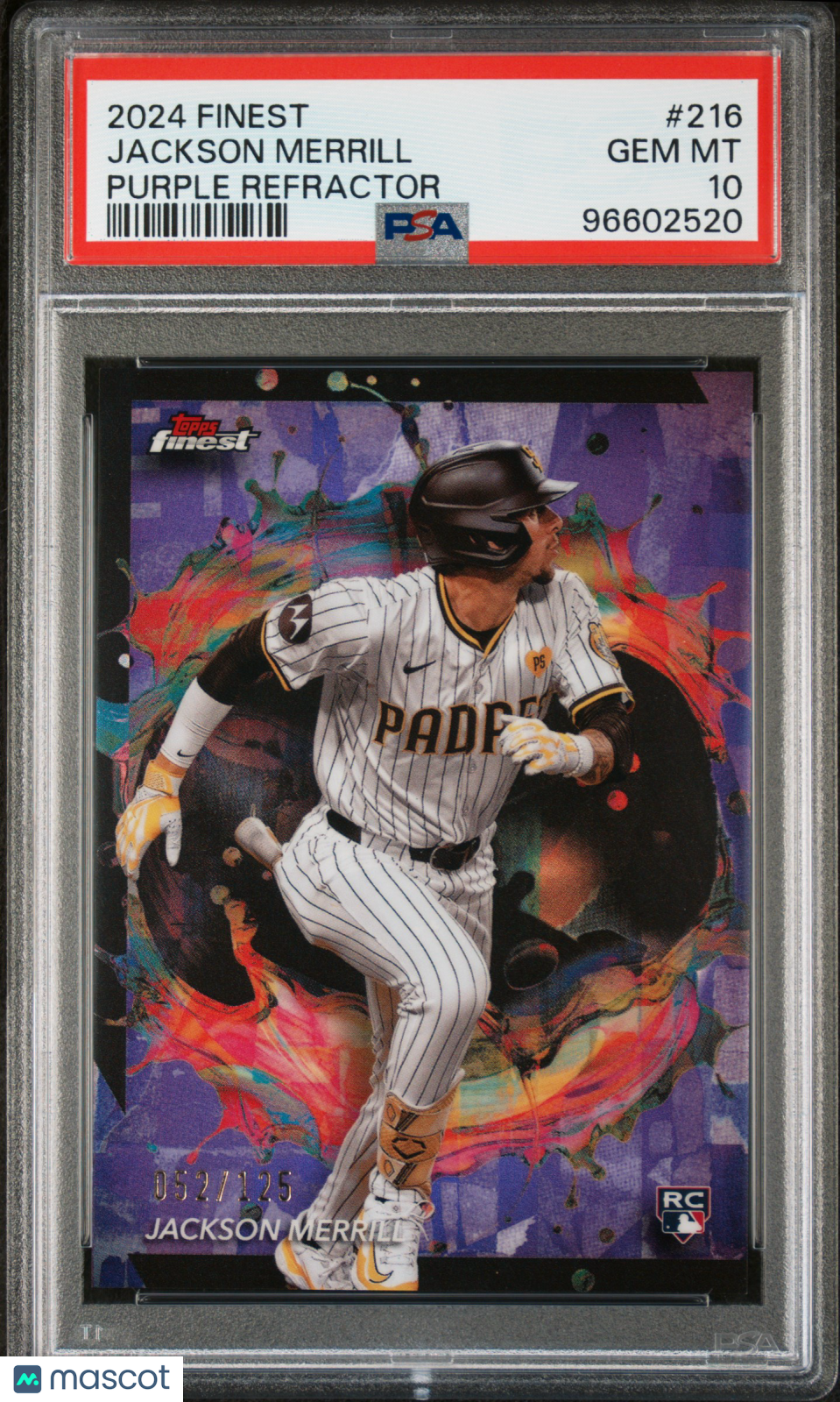 2024 Topps Finest Baseball Jackson Merrill 052/125 Purple Refractor #216 PSA 10