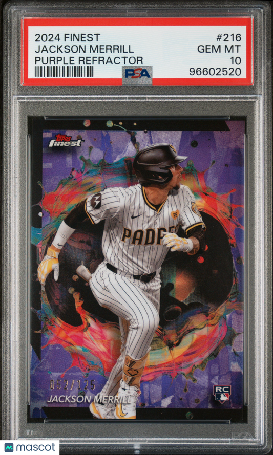 2024 Topps Finest Baseball Jackson Merrill 052/125 Purple Refractor #216 PSA 10