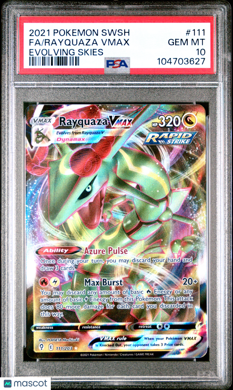 2021 Pokemon—Rayquaza VMAX #111 Evolving Skies—Ultra Rare Holo PSA 10