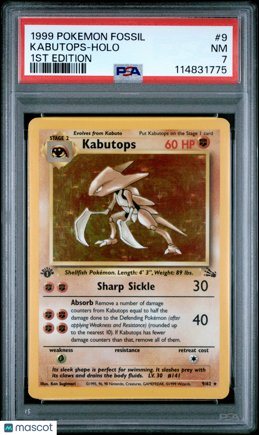 1999 Pokemon Kabutops Fossil #9 1ST Edition PSA 7