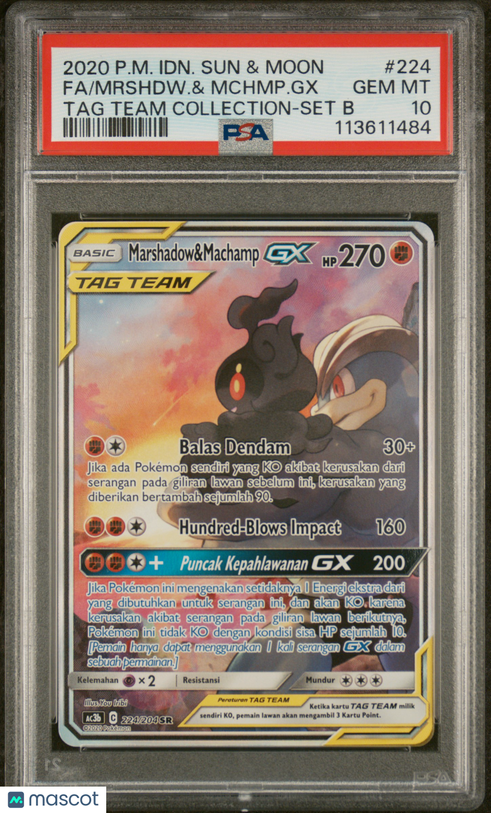 2020 Pokemon Indonesian Mrshdw. & Mchmp. GX TAG Team Collection #224 PSA 10