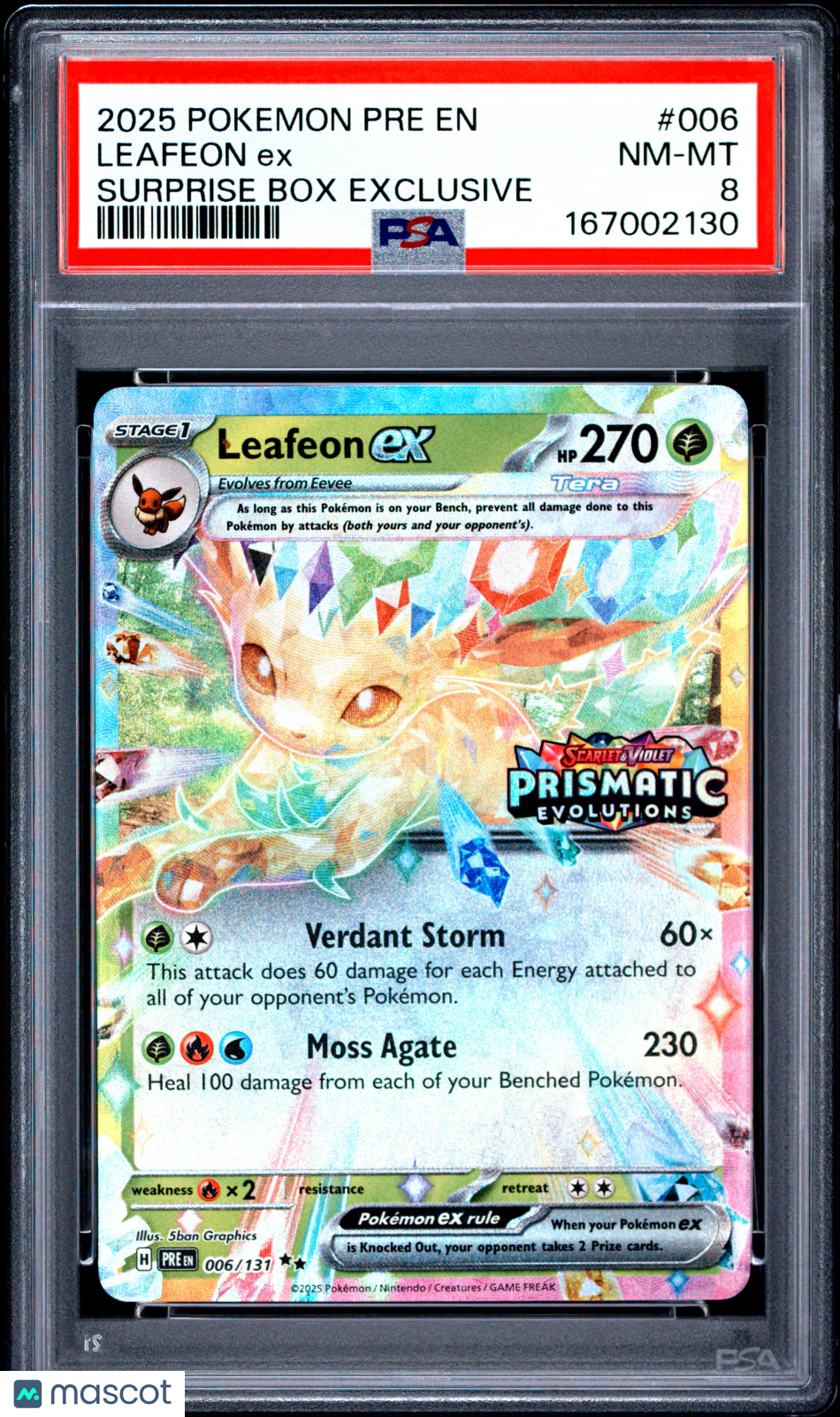 2025 Pokemon—Leafeon ex (PRE Stamp) #006/131 Surprise Box Exclusive—RR PSA 8