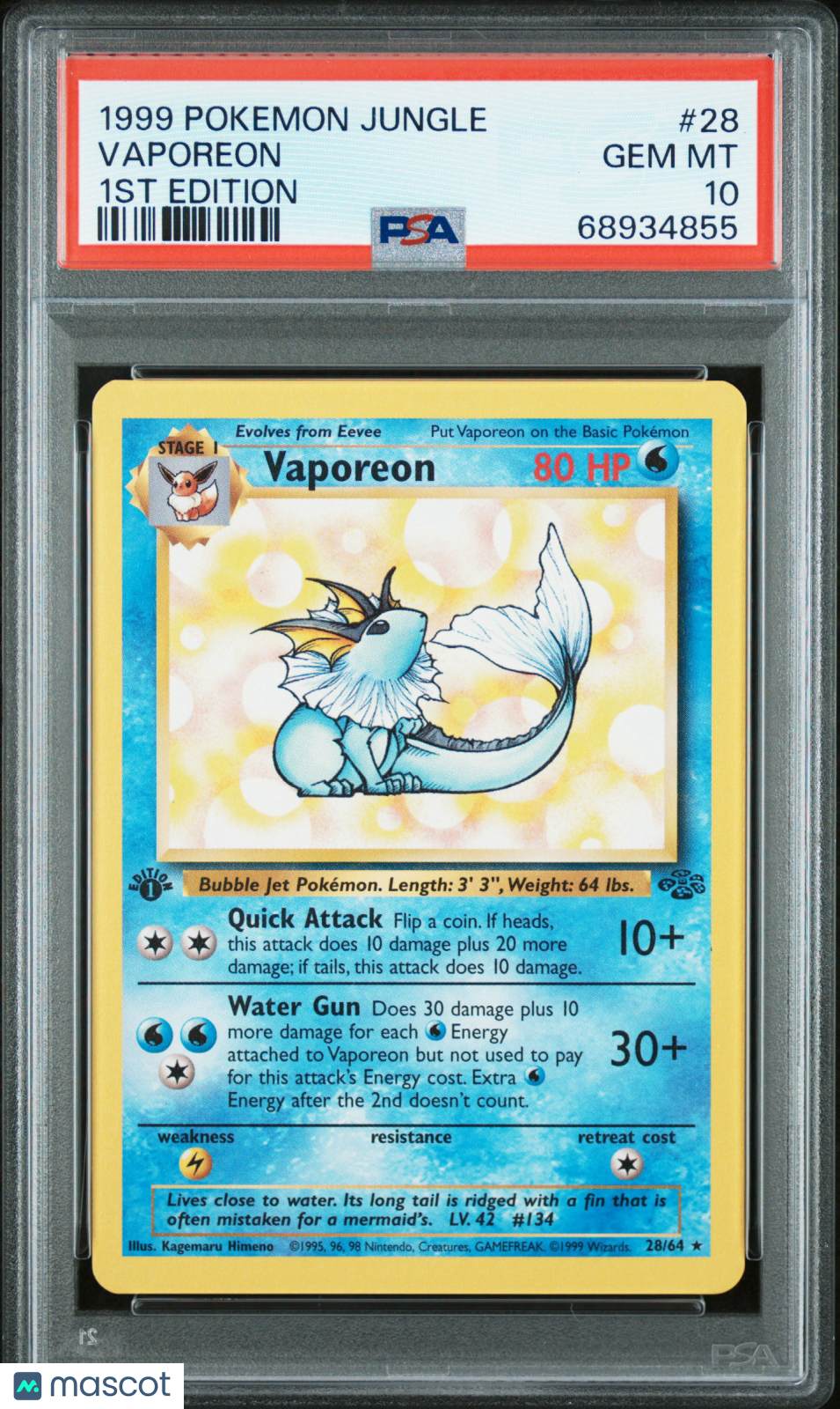 1999 Pokemon—Vaporeon #28/64 Jungle—Rare Non-Holo 1st Edition PSA 10