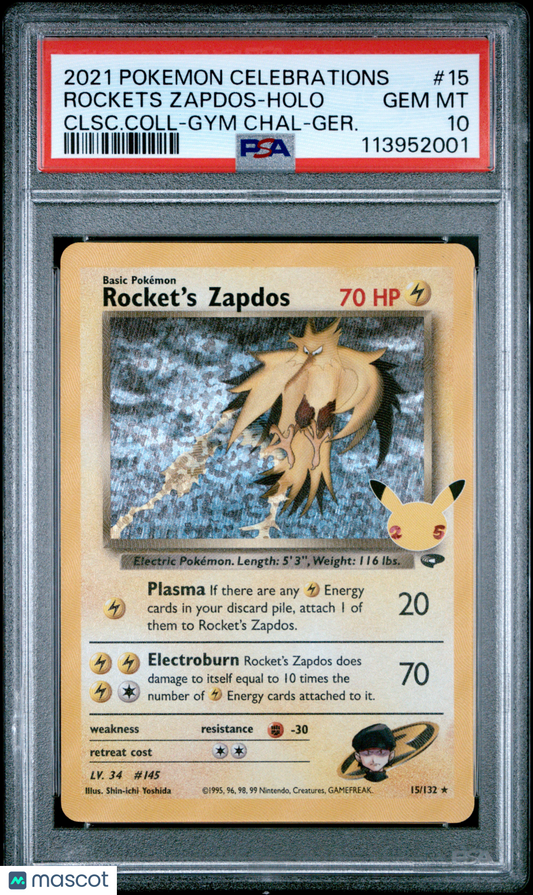2021 Pokemon Rockets Zapdos Celebrations: Classic Collection #15 PSA 10