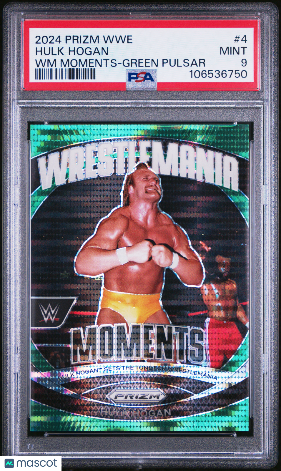 2024 Panini Prizm WWE Wrestlemania Moments Boxing/Wrestling Hulk Hogan WM Green Pulsar #4 PSA 9