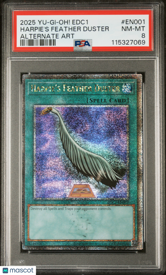 —Harpie's Feather Duster #EN001 2025 Yu-Gi-Oh! Edc1-Early Days Collection Promotional Cards— Alternate Art PSA 8