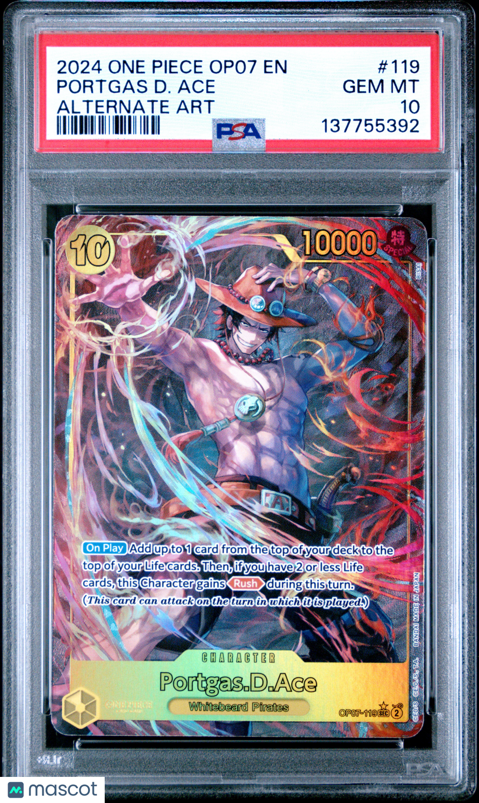 2024 One Piece—Portgas.D.Ace (Alternate Art) #OP07-119—Secret Rare Foil PSA 10