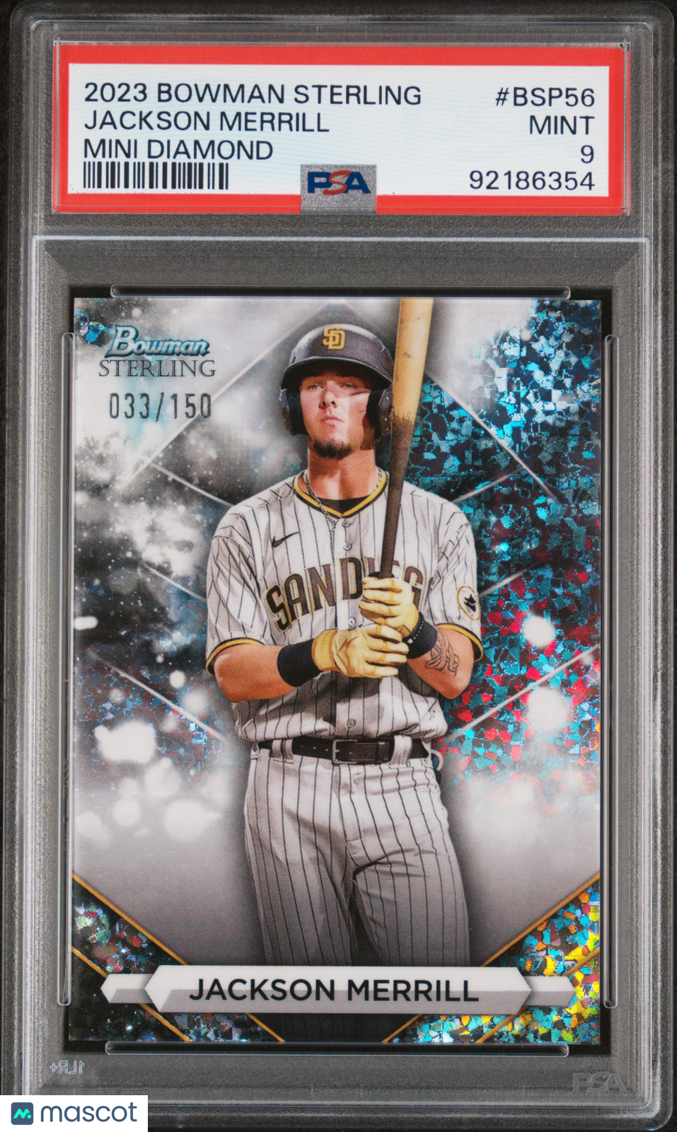 2023 Bowman Sterling Baseball—Jackson Merrill #BSP56 Mini Dia. Ref 033/150—PSA 9