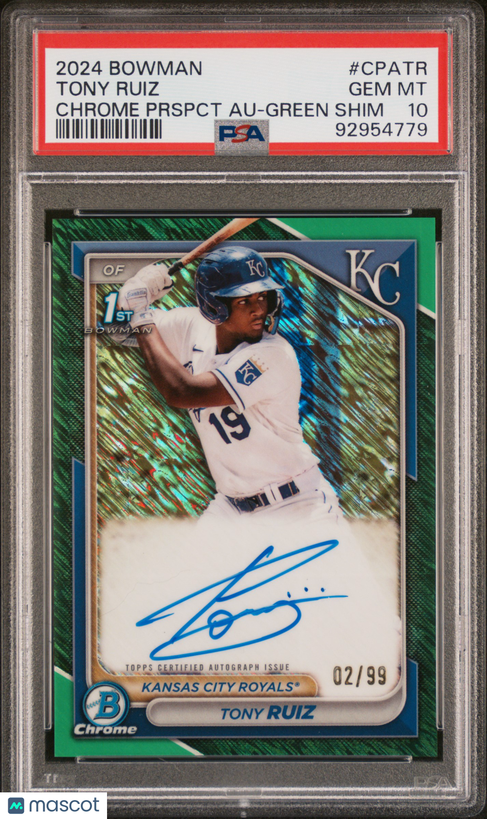2024 Bowman Chrome Prospect Autographs—Tony Ruiz #CPATR Green Shim 02/99—PSA 10