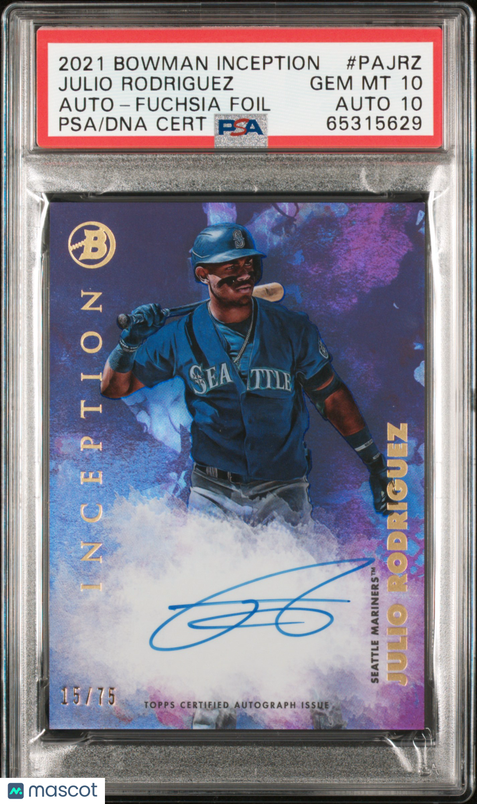 2021 Bowman Inception Auto. Baseball—Julio Rodriguez Foil 15/75—PSA 10 Auto 10
