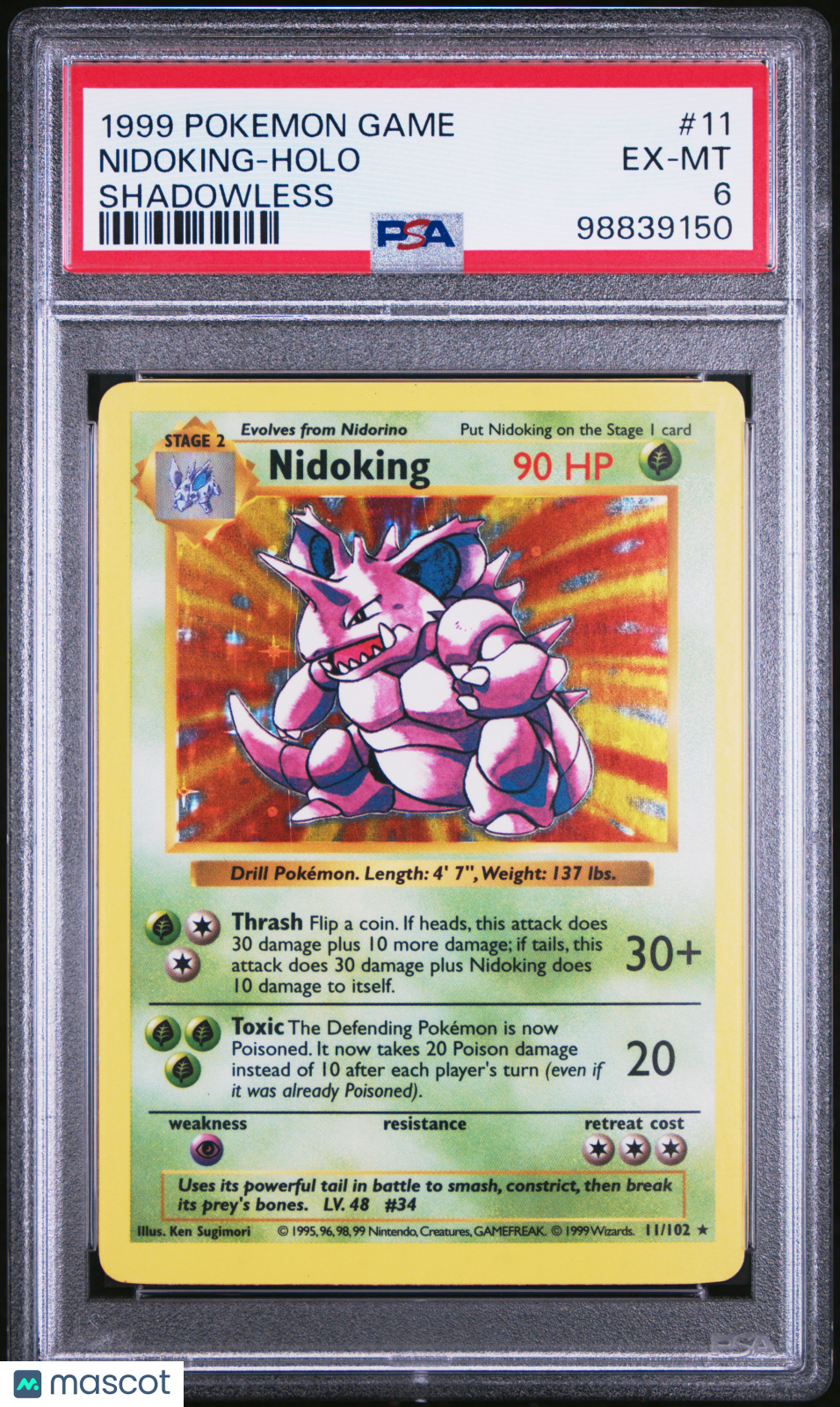 1999 Pokemon—Nidoking #11 Base Set (Shadowless)—Rare Holo PSA 6