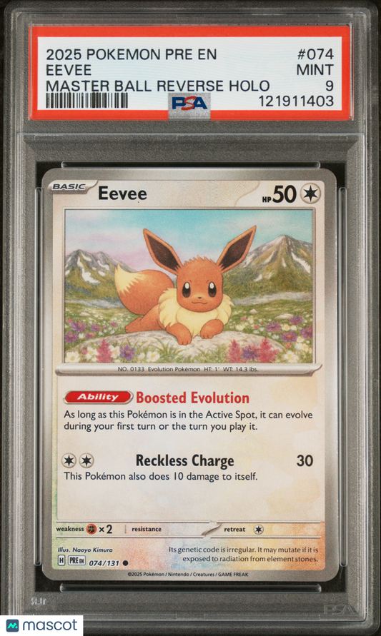 Eevee 2025 Pokemon Pre EN-Prismatic Evolutions #074 MasterBall Holo PSA 9