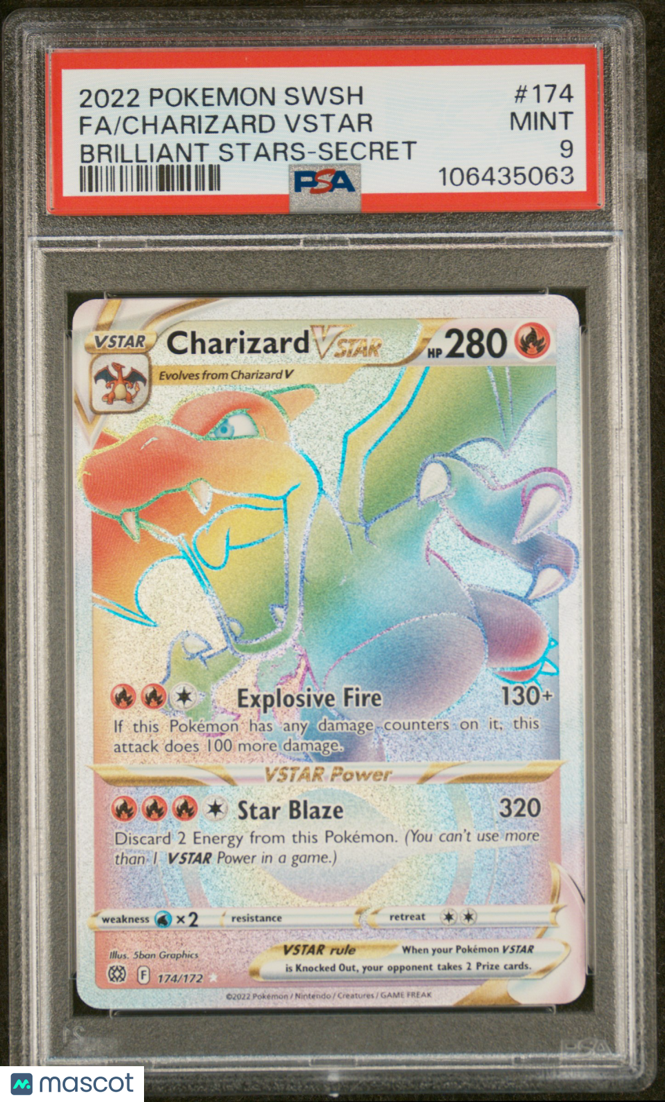 2022 Pokemon—Charizard VSTAR #174 Brilliant Stars—Secret Rare Holo PSA 9
