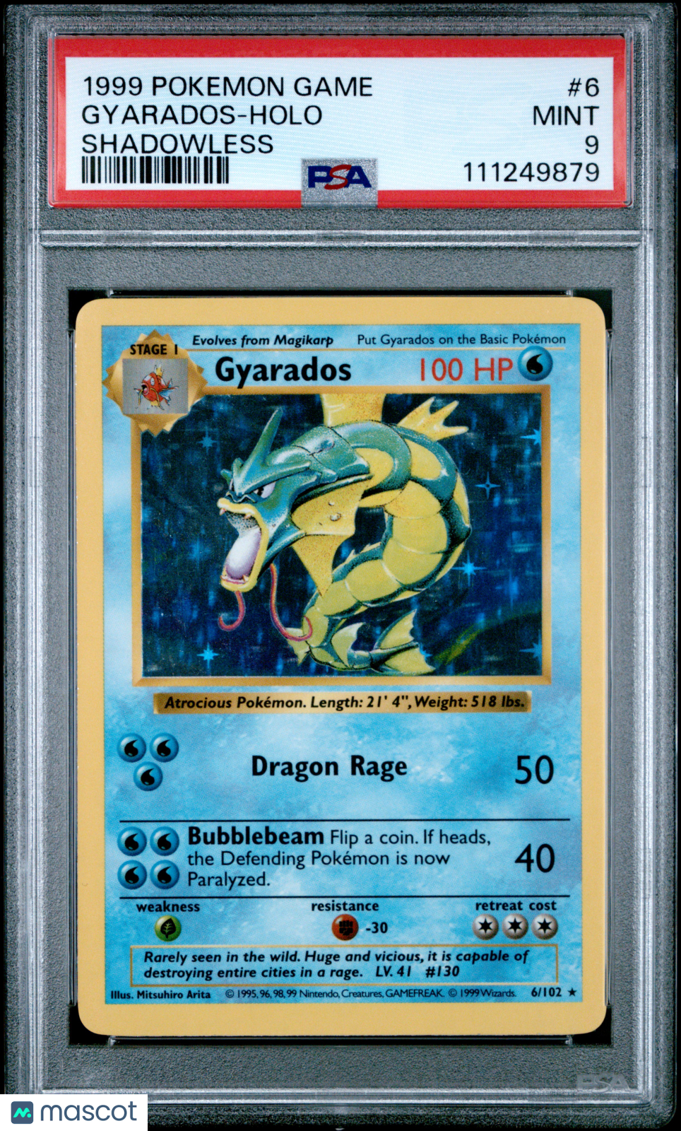 1999 Pokemon—Gyarados #6/102 Base Set (Shadowless)—Holo Rare PSA 9