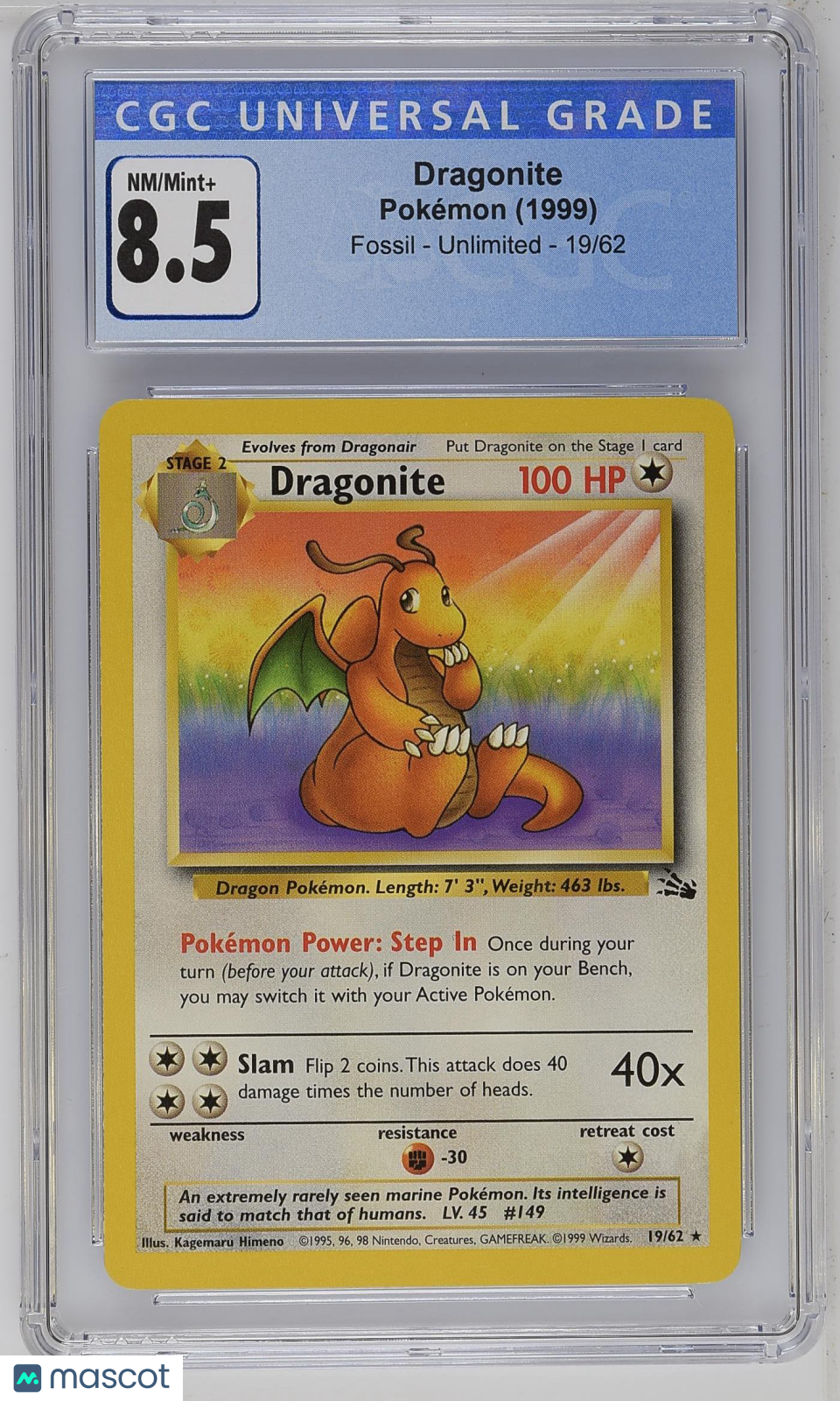 1999 Pokemon—Dragonite #19/62 Fossil—Rare Nonholo CGC 8.5