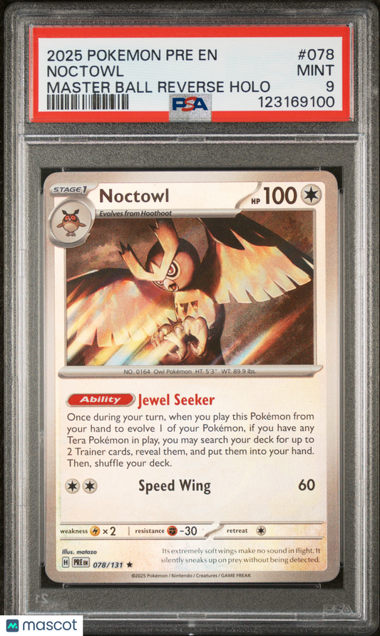 2025 Pokemon Noctowl Prismatic Evolutions #078 Master Ball Reverse Holo PSA 9