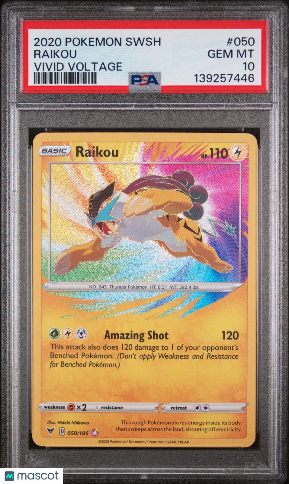2020 Pokemon—Raikou #050/185 SWSH04: Vivid Voltage—Amazing Rare Holo PSA 10