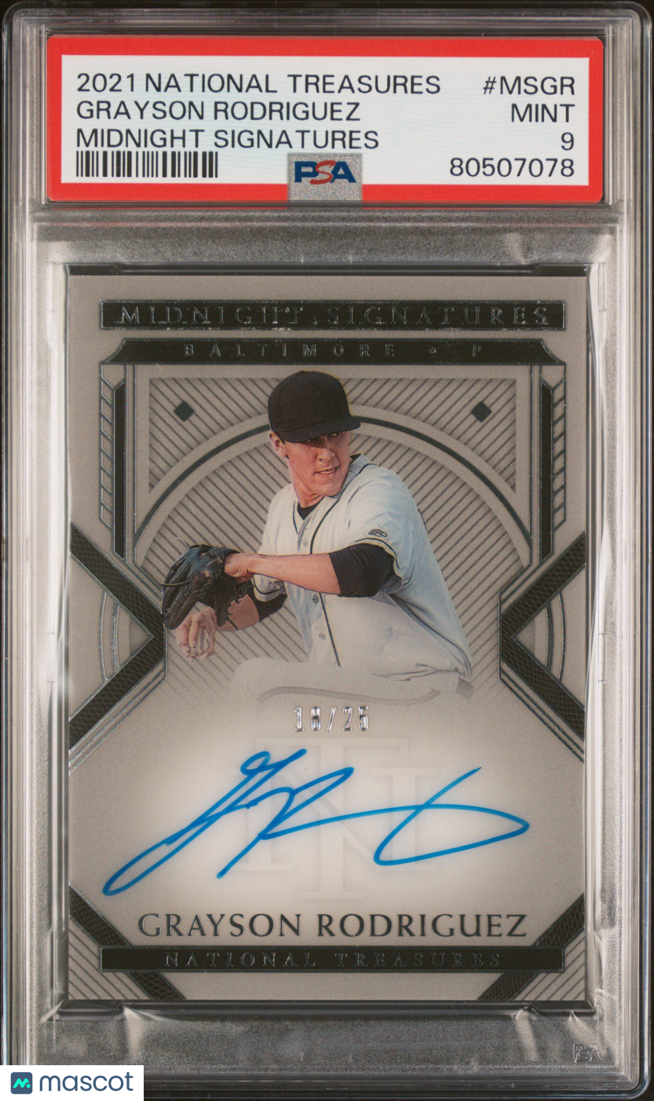 2021 Panini Nat. Treasures Midnight Sign.—Grayson Rodriguez #MSGR 18/25—PSA 9