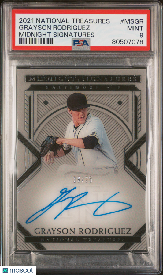 2021 Panini Nat. Treasures Midnight Sign.—Grayson Rodriguez #MSGR 18/25—PSA 9