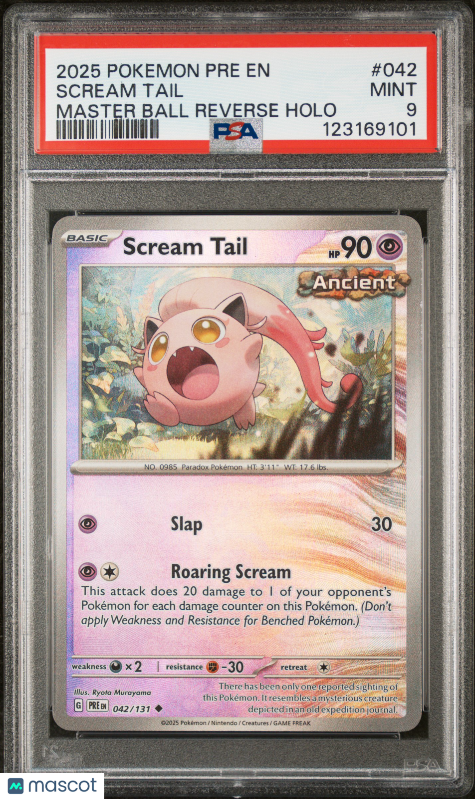 2025 Pokemon Scream Tail Prismatic Evolutions #042 Masterball Reverse Holo PSA 9