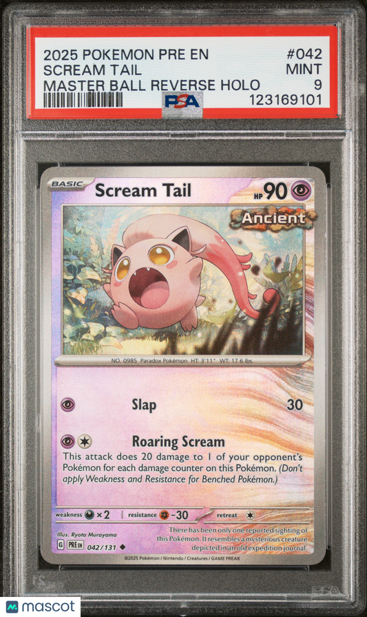 2025 Pokemon Scream Tail Prismatic Evolutions #042 Masterball Reverse Holo PSA 9